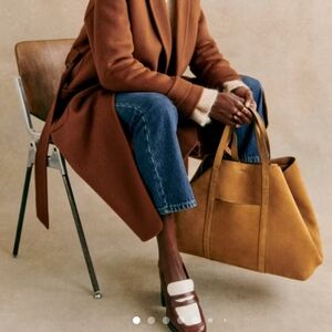 Brown Coat with Tan Tote Bag